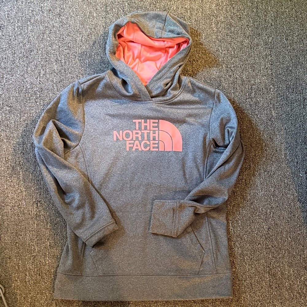 The North Face Heather Gray Hoodie with Coral Logo